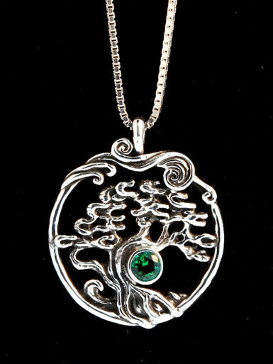Cypress - Bonsai Tree Pendant with Gemstone - Silver