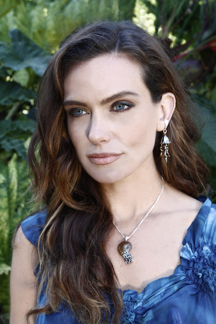 Danielle is wearing the Jellyfish Ear Cuff and Fossilized Ammonite Nautilus Necklace in Solid Sterling Silver