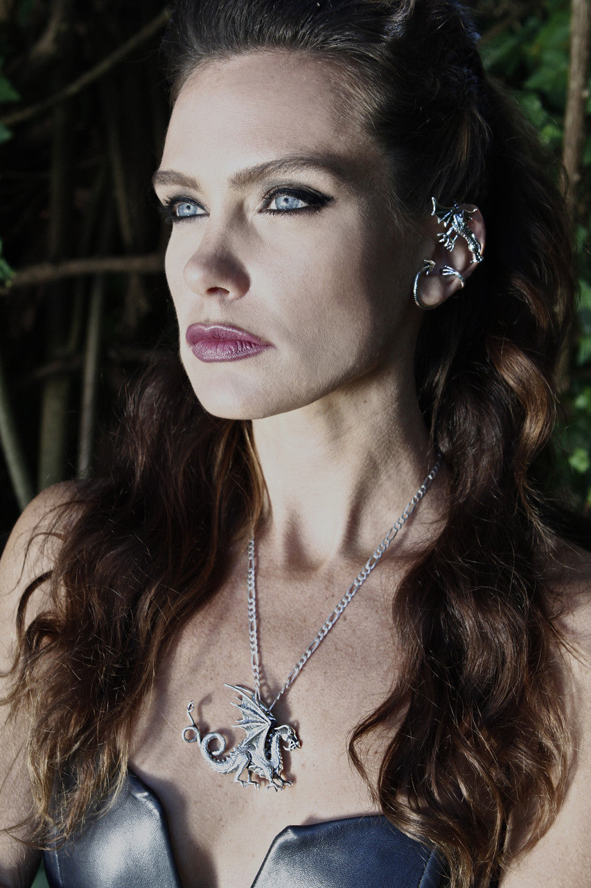 Danielle is pictured wearing the Renaissance Dragon Necklace and Dragon Guardian Ear Wrap both in Sterling Silver