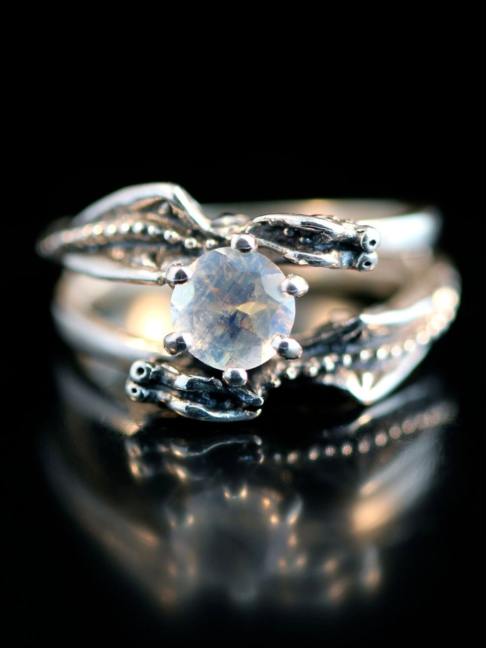 Double Dragon Eternity Wave Ring in Sterling Silver with Rainbow Moonstone