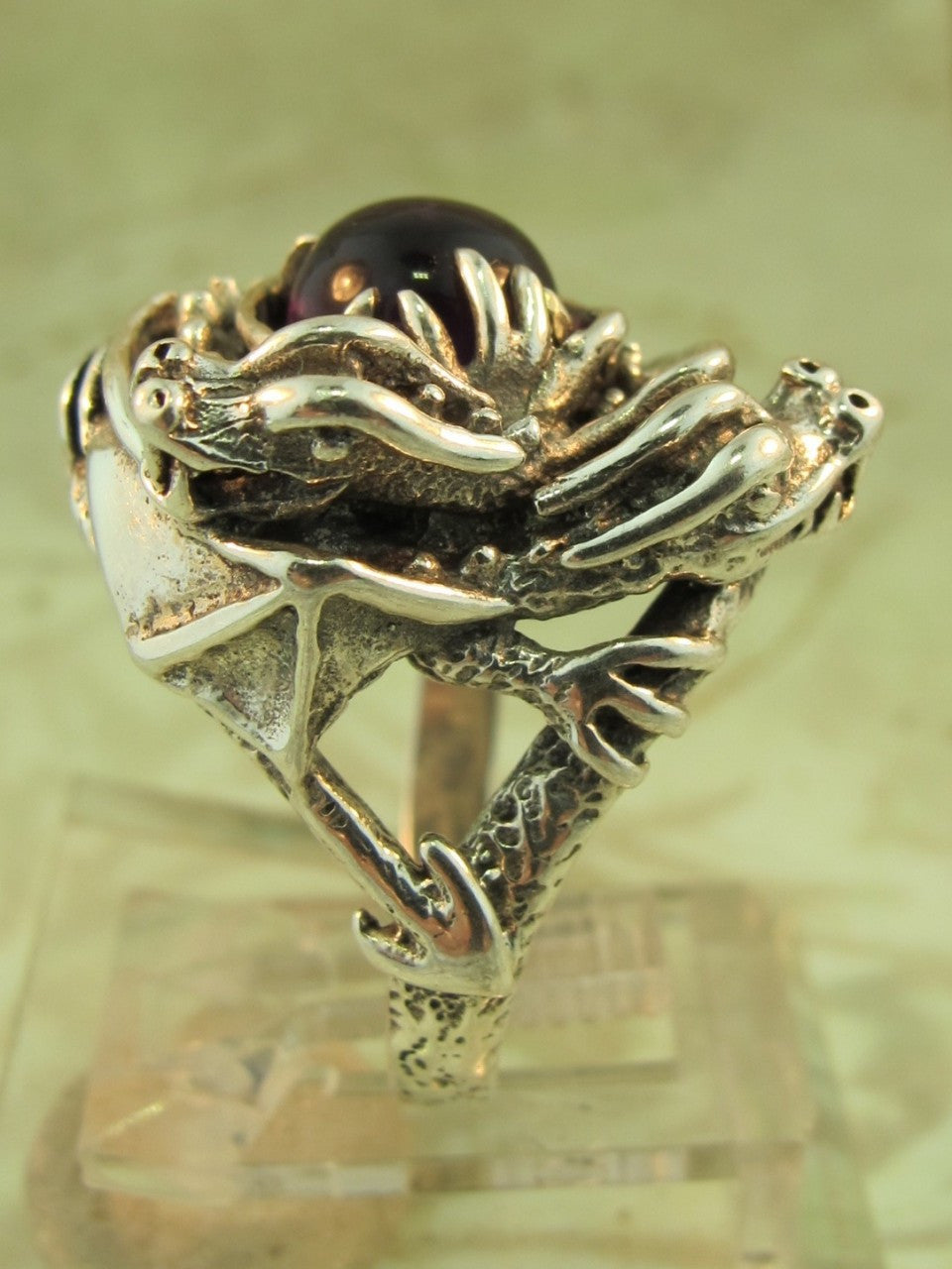 Double Dragon Ring with Amethyst Cabochon