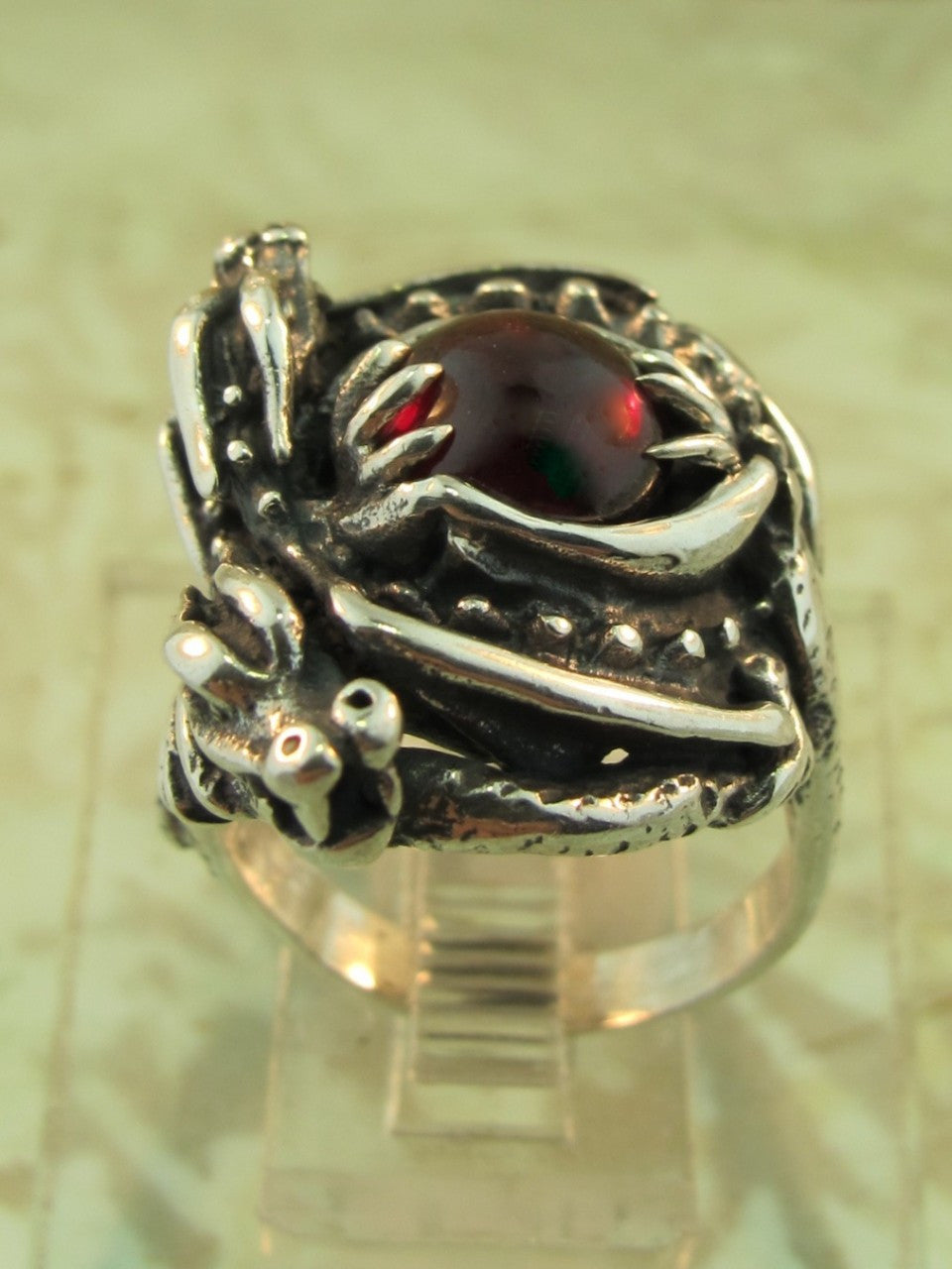 Double Dragon Ring with Cabochon Garnet