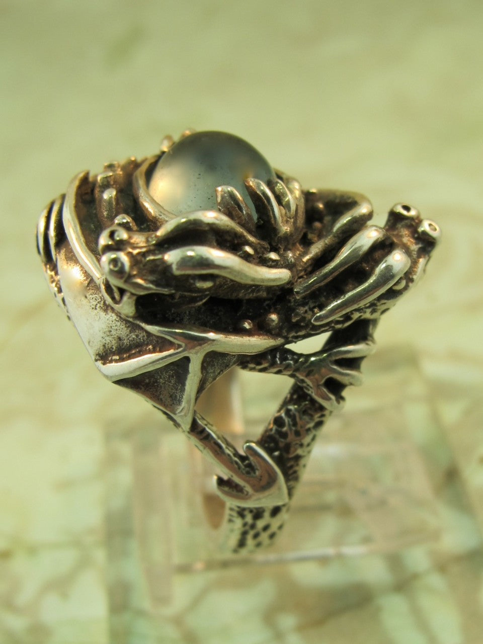 Double Dragon Ring with Cabochon Moonstone