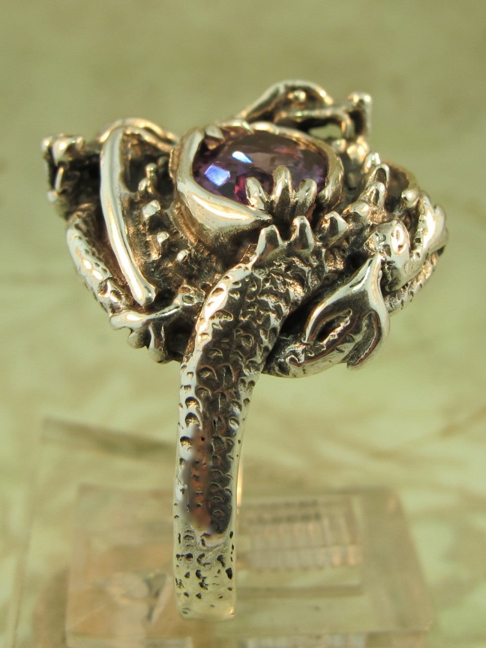 Double Dragon Ring with Faceted Amethyst