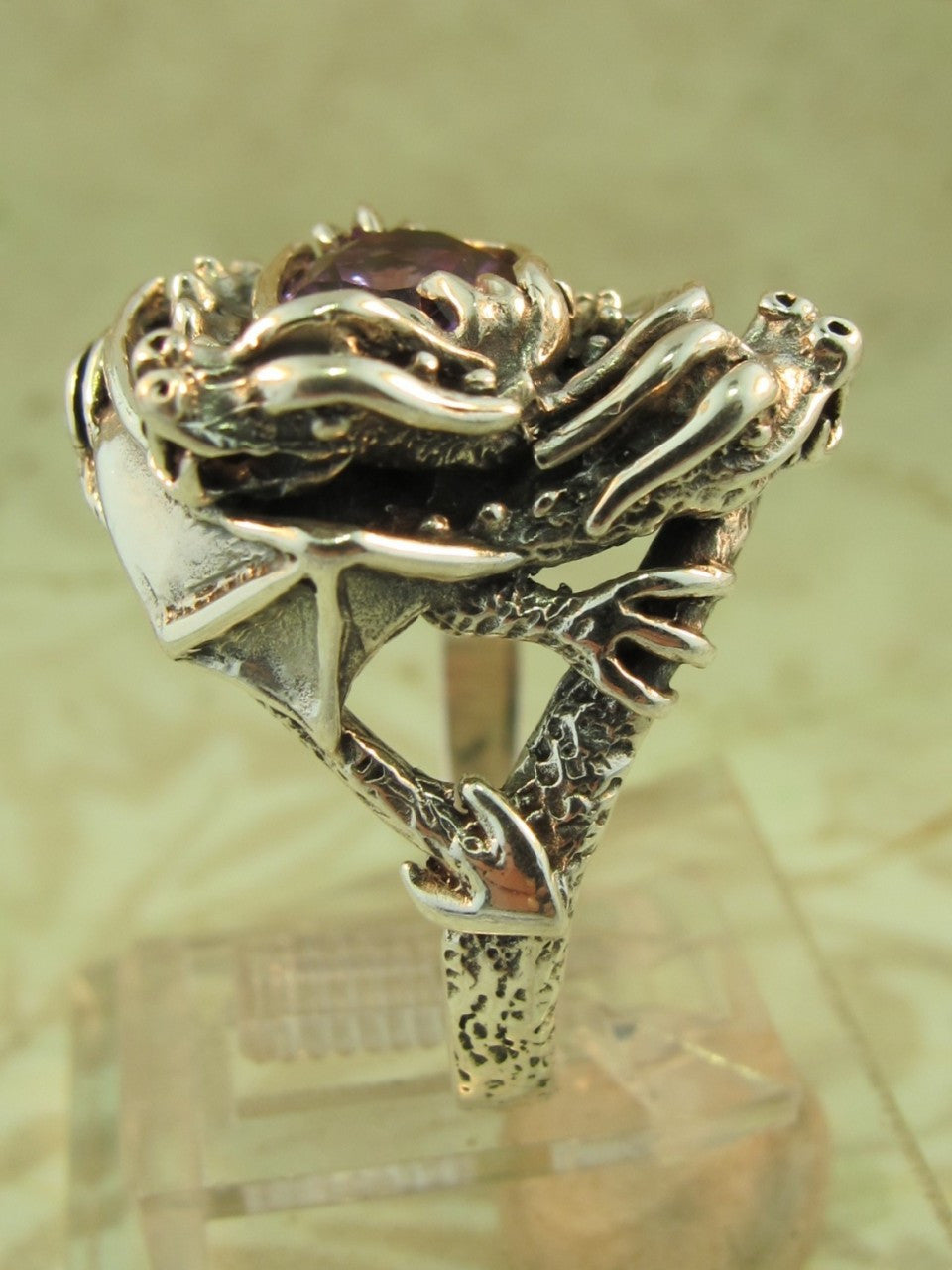 Double Dragon Ring with Faceted Amethyst