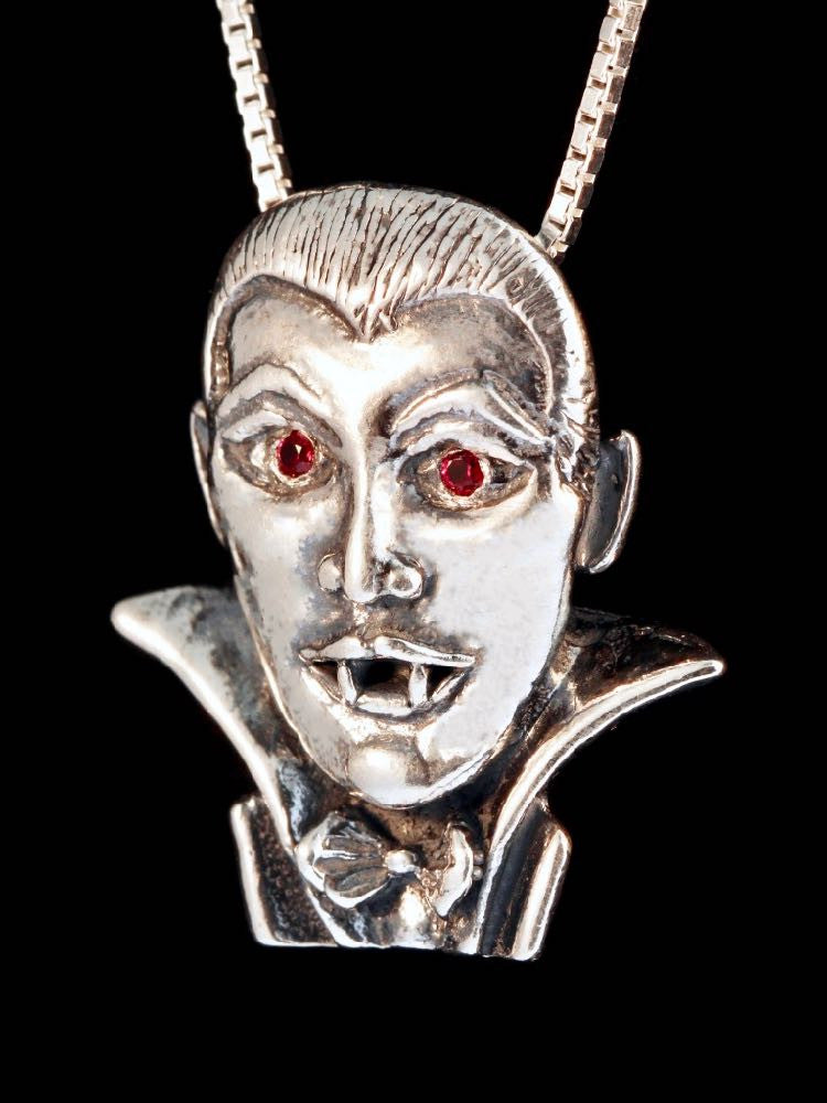 Dracula Vampire Pendant with Ruby Eyes in Silver