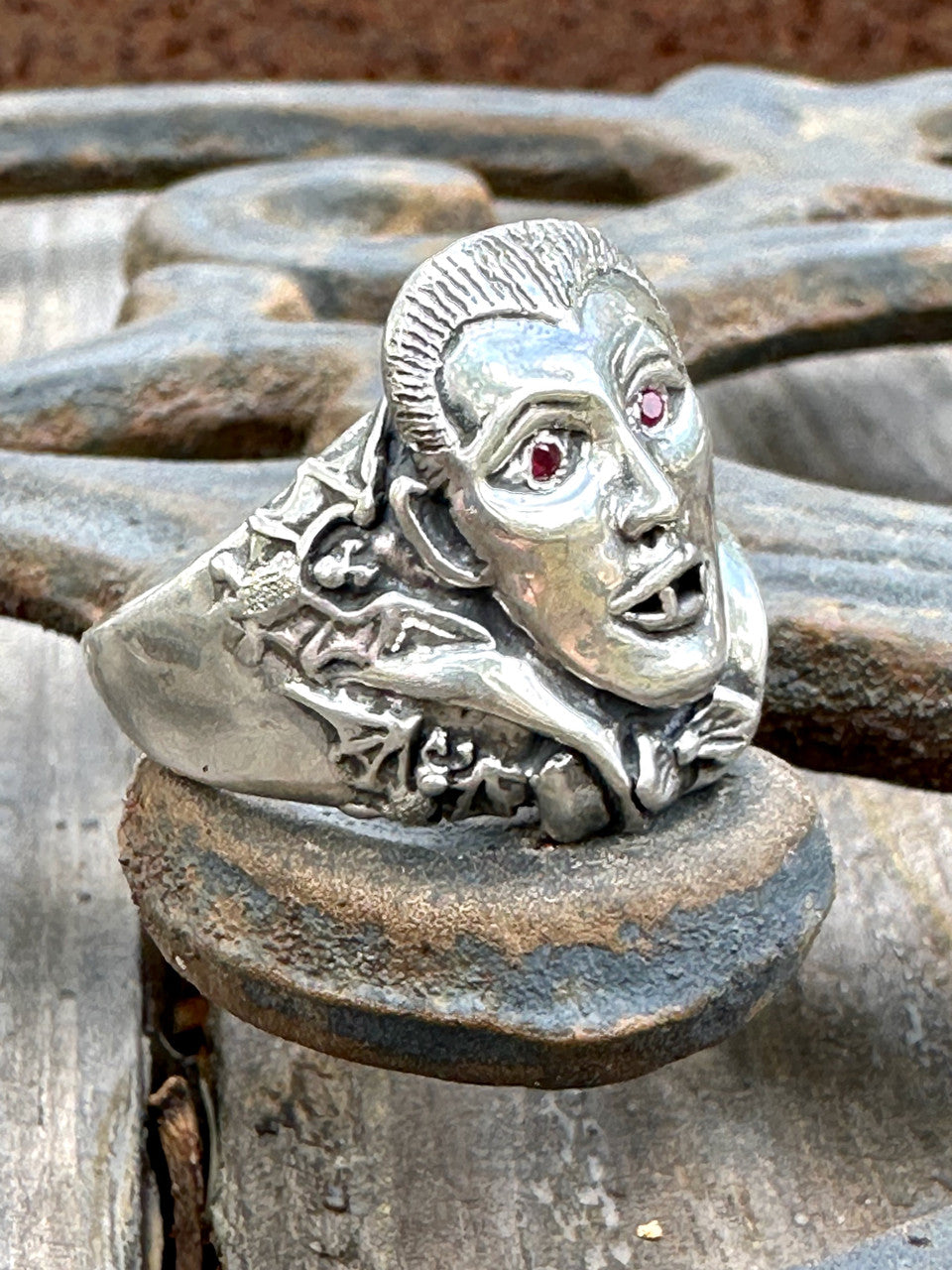Dracula Vampire Bat Ring with Ruby Eyes - Silver