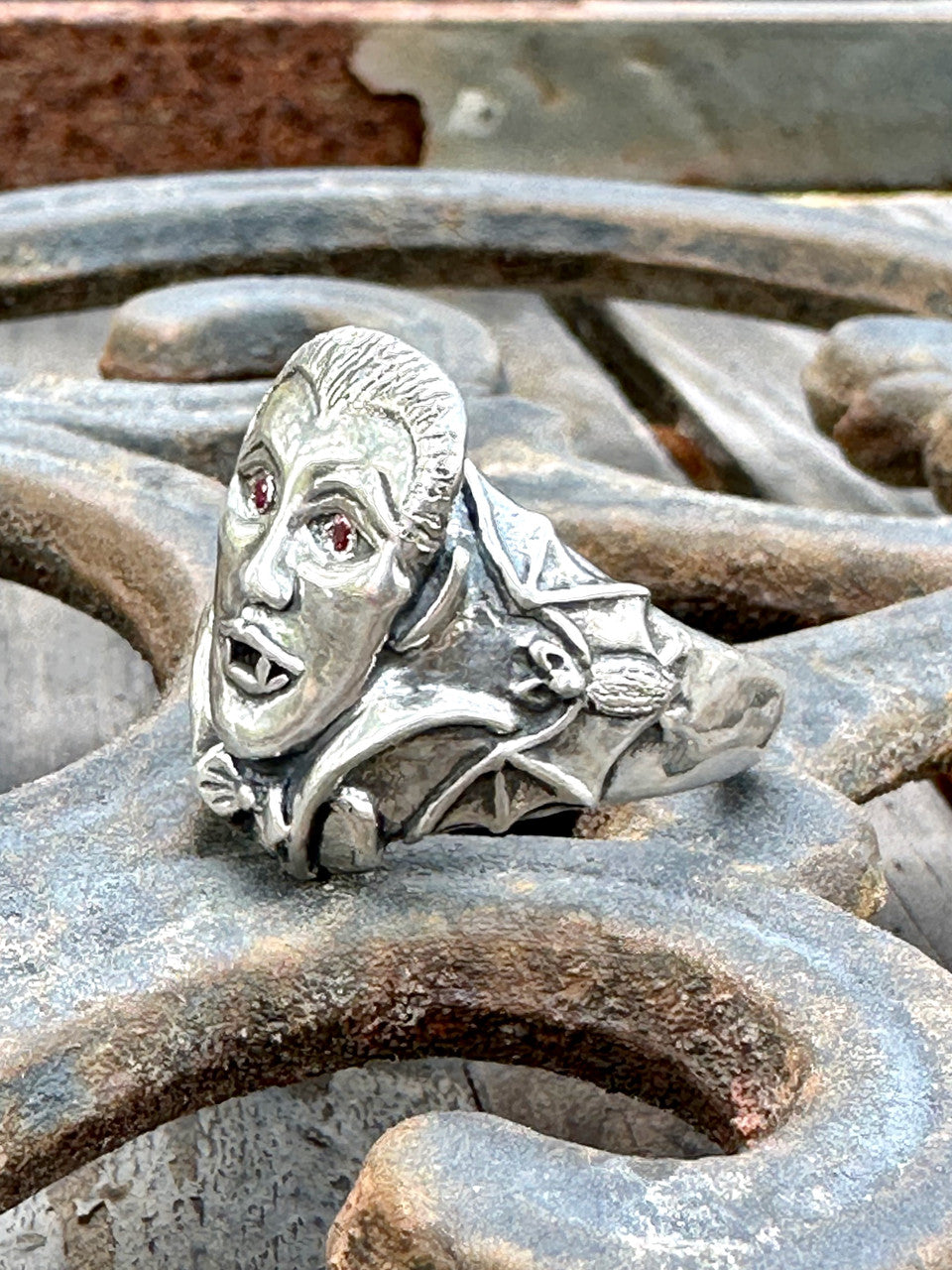 Dracula Vampire Bat Ring with Ruby Eyes - Silver