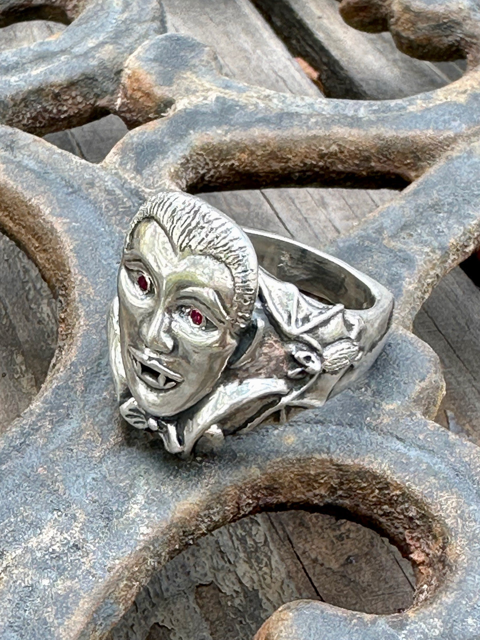 Dracula Vampire Bat Ring with Ruby Eyes - Silver
