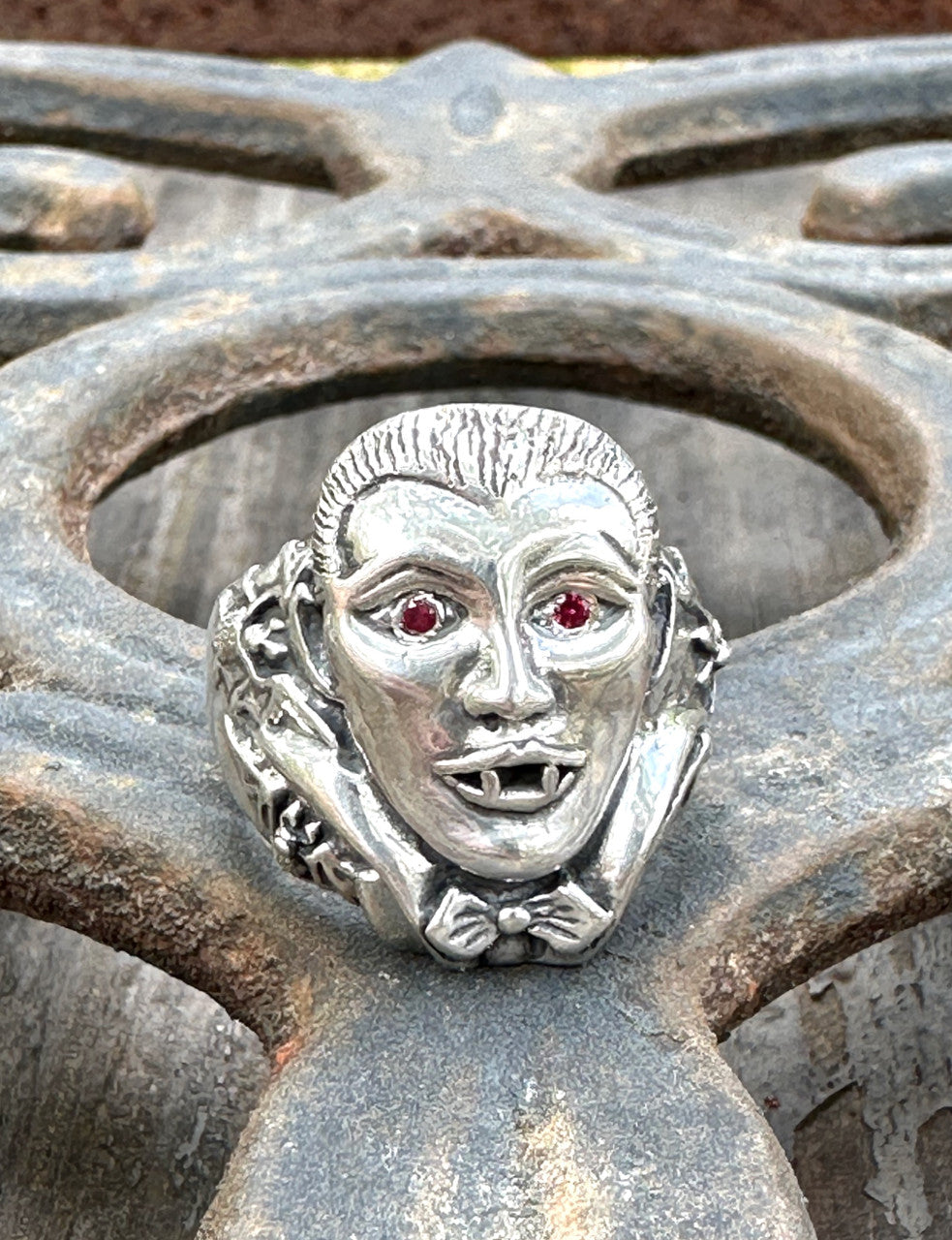 Dracula Vampire Bat Ring with Ruby Eyes - Silver
