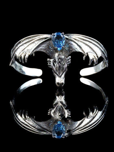 Gothic Dragon Cuff Bracelet with Gemstone - Sterling Silver