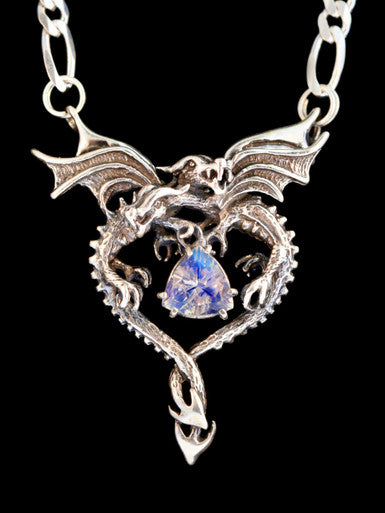Dragon Heart Pendant with Rainbow Moonstone - Sterling Silver