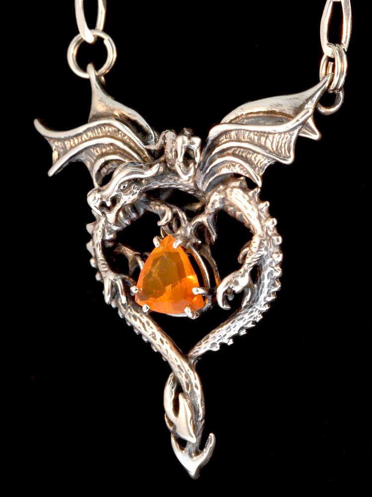 Dragon Heart Pendant - Mexican Fire Opal - Silver