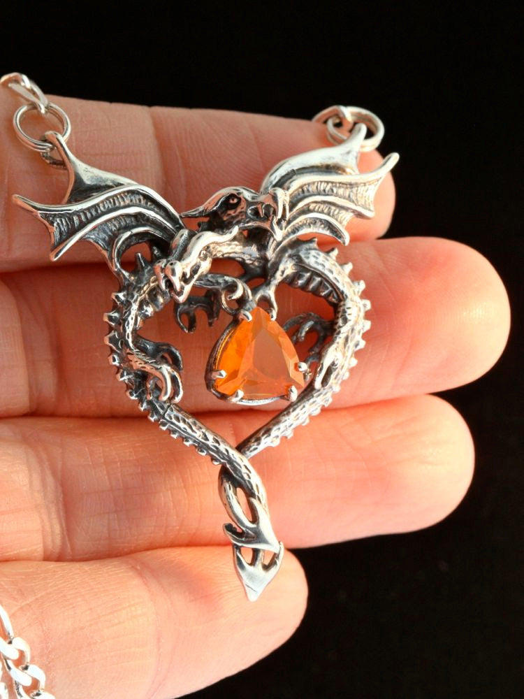 Dragon Heart Pendant - Mexican Fire Opal - Sterling Silver