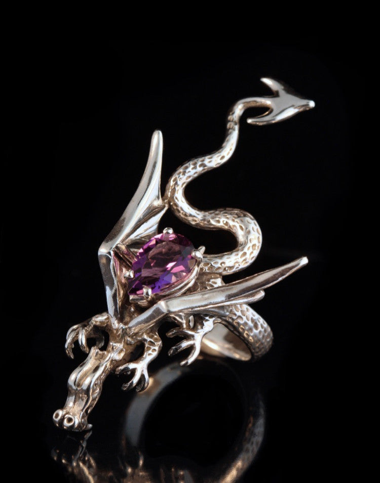 Dragon Sculpture Ring with Amethyst  - Silver