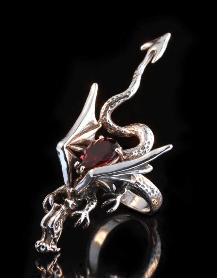 Dragon Sculpture Ring with Mozambique Garnet - Silver