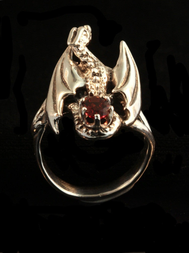 Silver Glider Dragon Ring with Garnet