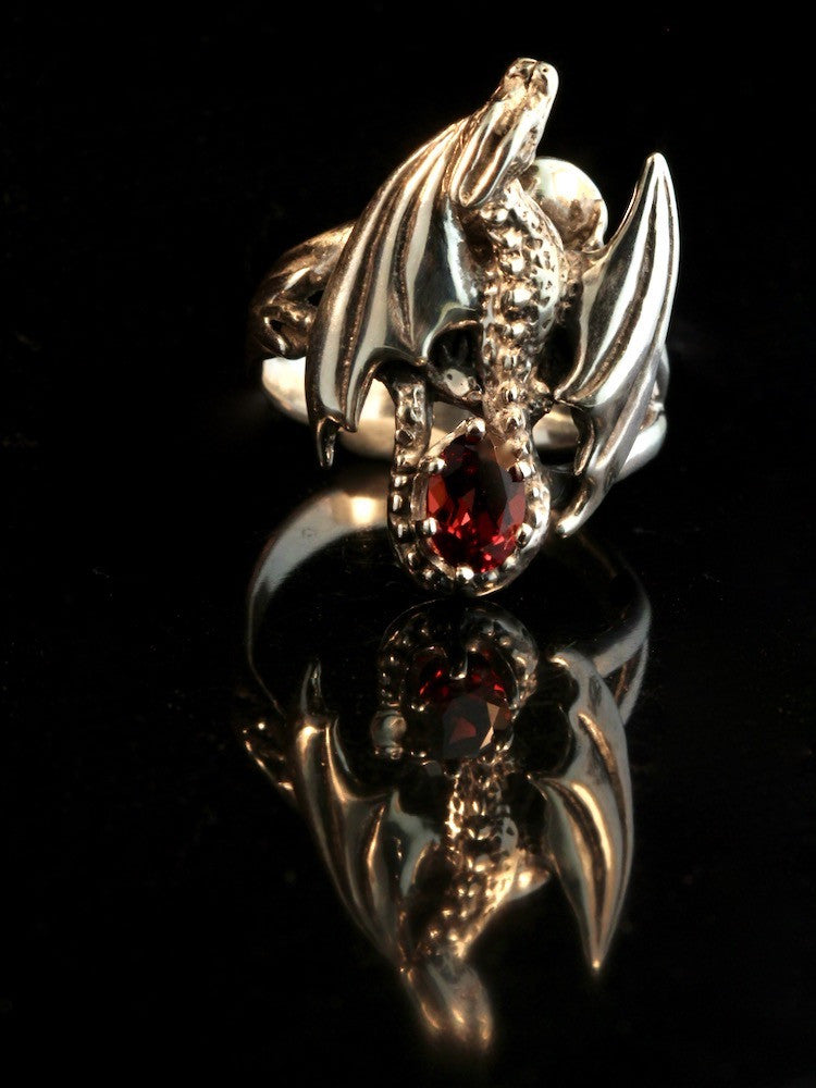Silver Glider Dragon Ring with Garnet