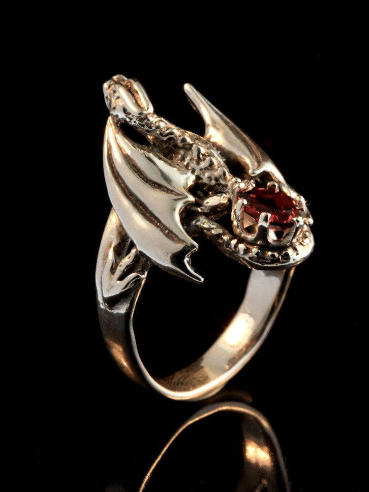 Silver Glider Dragon Ring with Garnet