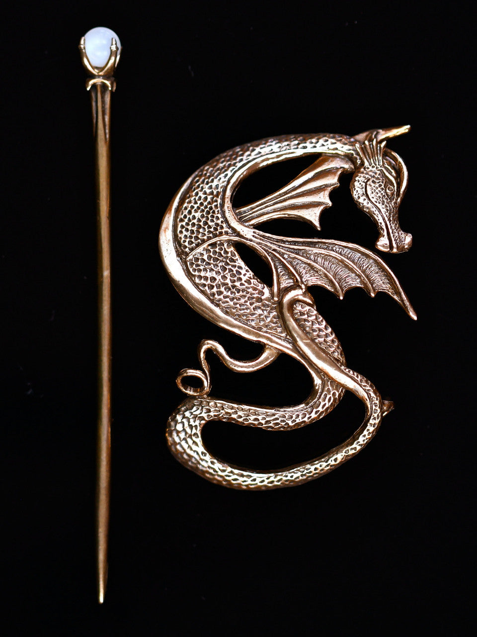 Wyvern Dragon Barrette - Bronze w/ White Moonstone Sphere