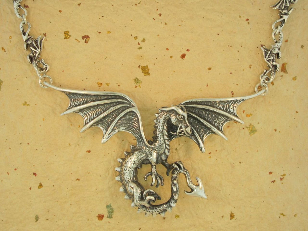 Spread Wing Dragon Neckpiece with Dragon Chain - Silver