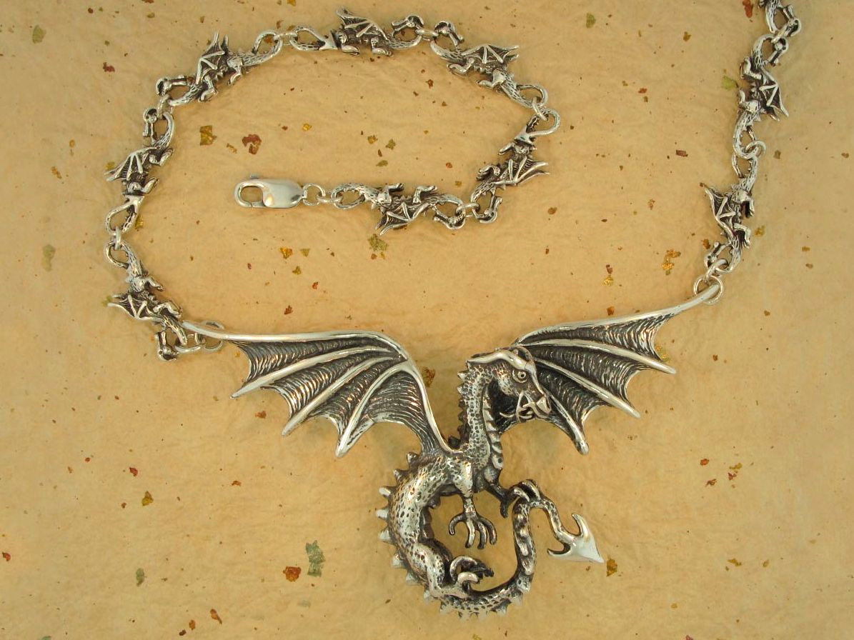 Spread Wing Dragon Neckpiece with Dragon Chain - Silver