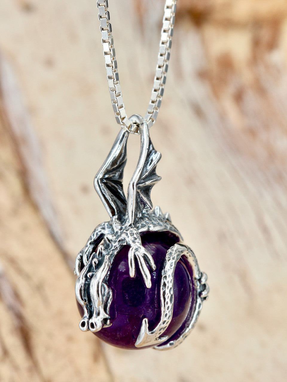 Dragon Orb Pendant with Amethyst Orb- Silver