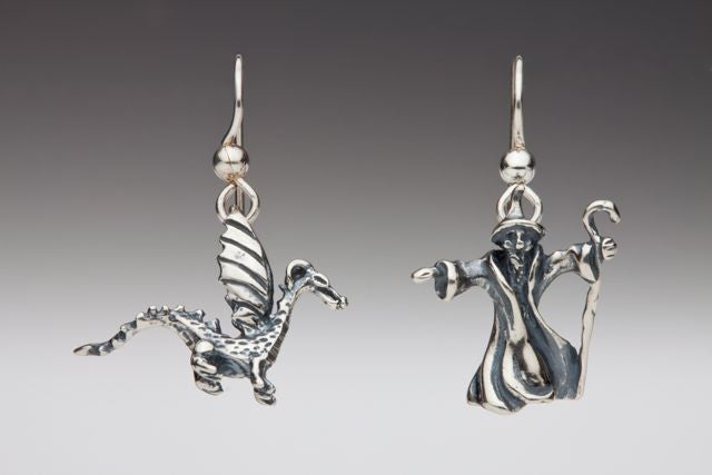 Baby Dragon and Wizard Earrings - Silver