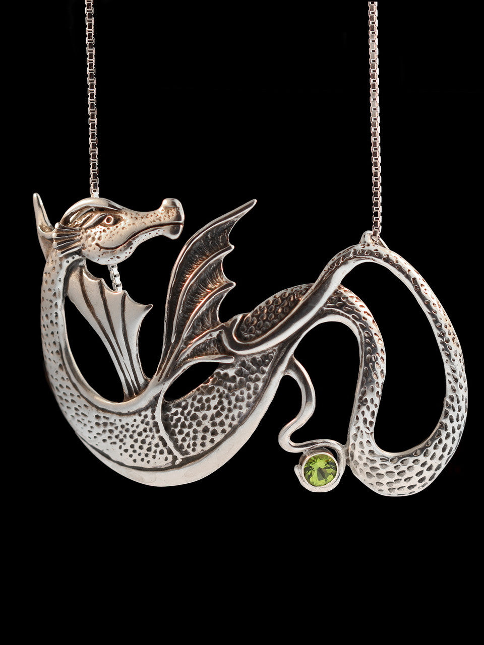 Wyvern Dragon Pendant W/Peridot - Sterling Silver