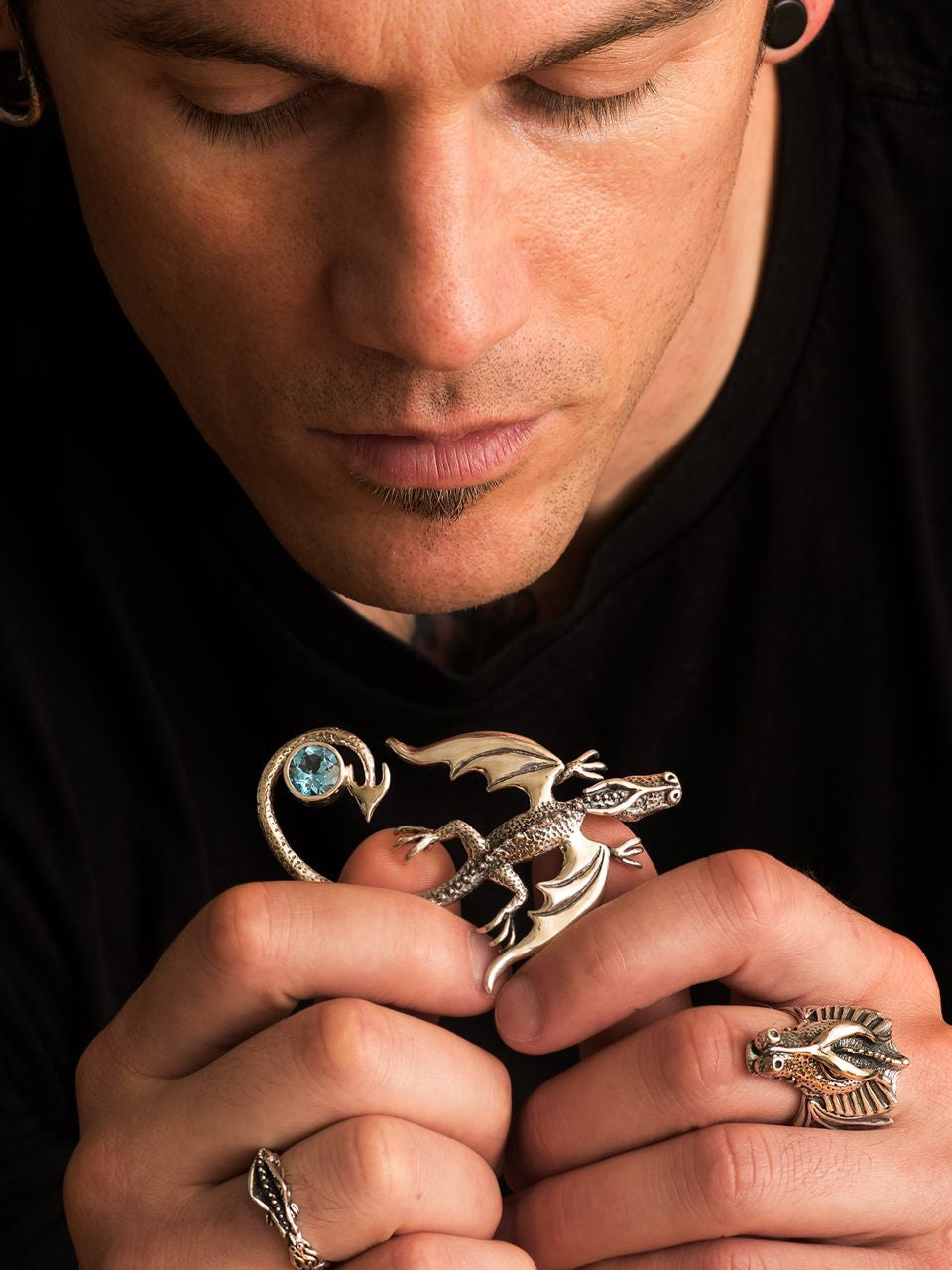 Balerion Dragon with Blue Topaz and Guardian Dragon Ear Wrap Silver