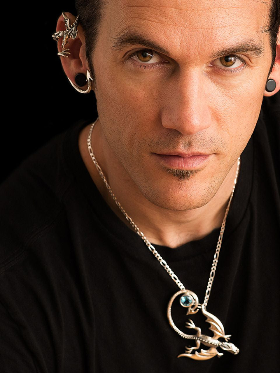 Guardian Dragon Ear Wrap and Balerion Dragon Pendant with Blue Topaz - Silver