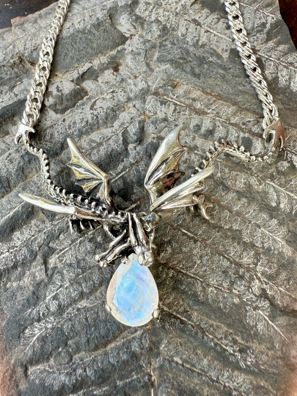 Eternity Dragon Pendant with Rainbow Moonstone - Silver