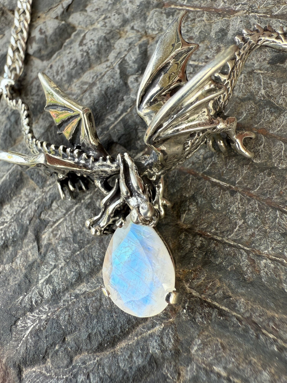 Eternity Dragon Pendant with Rainbow Moonstone - Silver