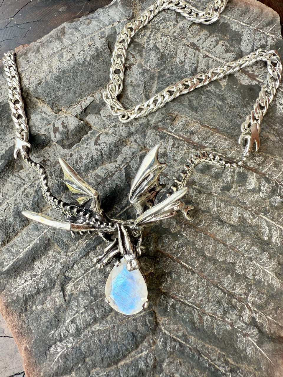 Eternity Dragon Pendant with Rainbow Moonstone - Silver