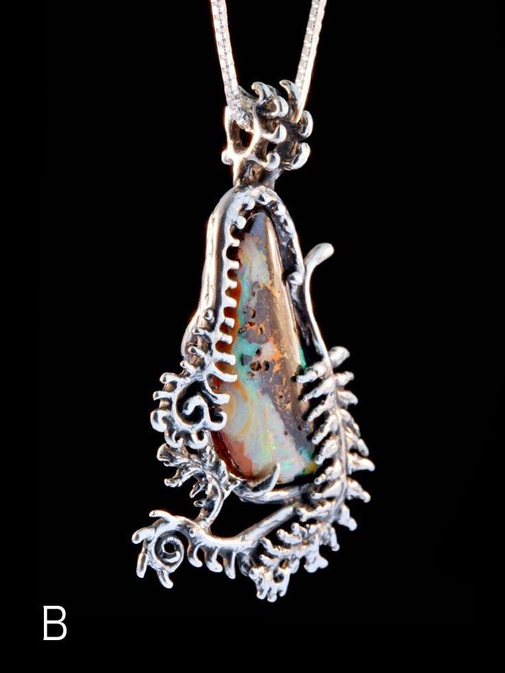 Fern Gully Pendant with Australian Opal in Silver - Option B