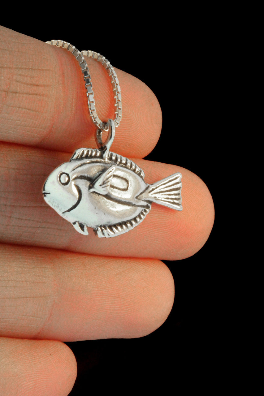 Blue Tang Fish Charm Pendant - Sterling Silver