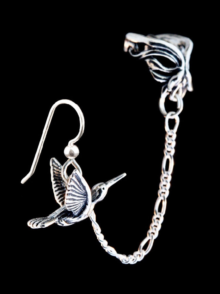 Hummingbird and Flower Ear Cuff Bajoran - Silver