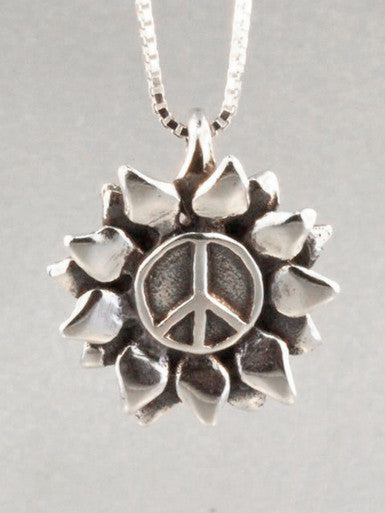 Flower Power Peace Symbol Charm - Silver