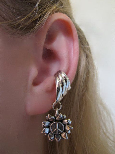 Flower Power Peace Ear Cuff Chevron - Silver