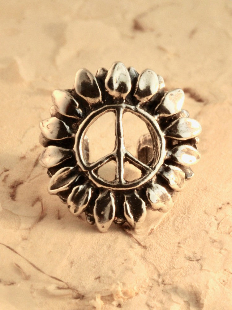 Flower Power Peace Symbol Ear Cuff - Silver