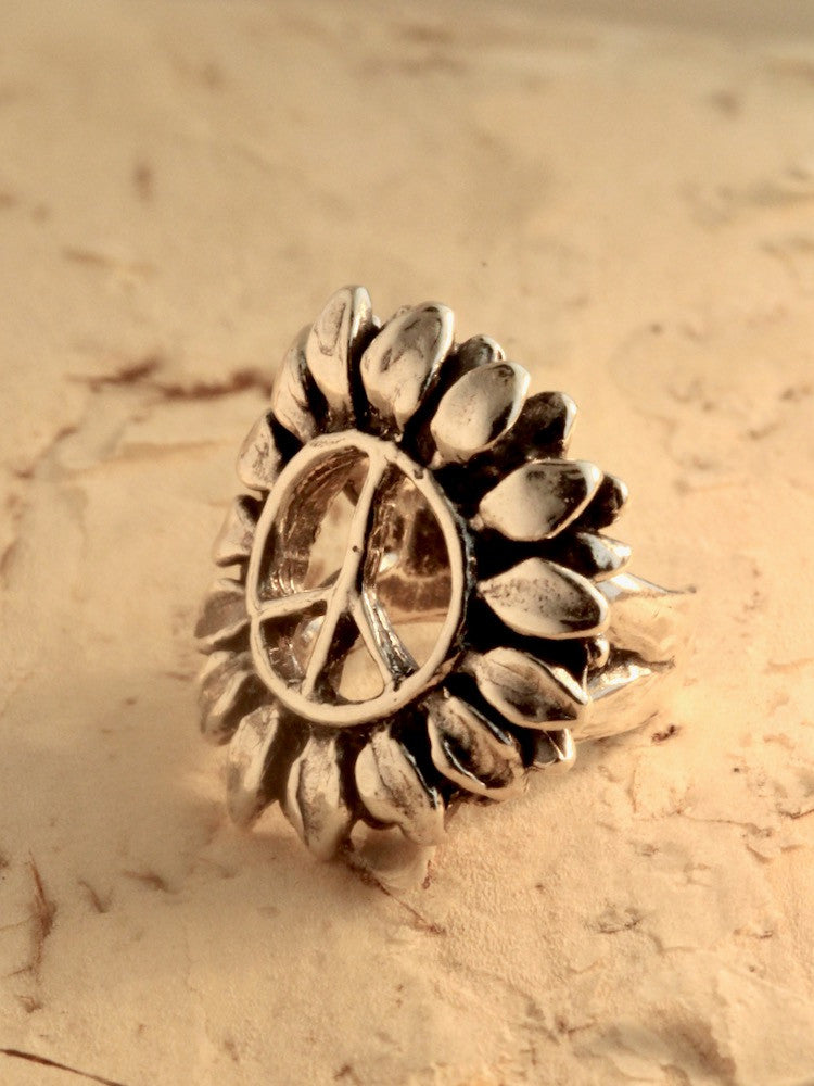 Flower Power Peace Symbol Ear Cuff - Silver