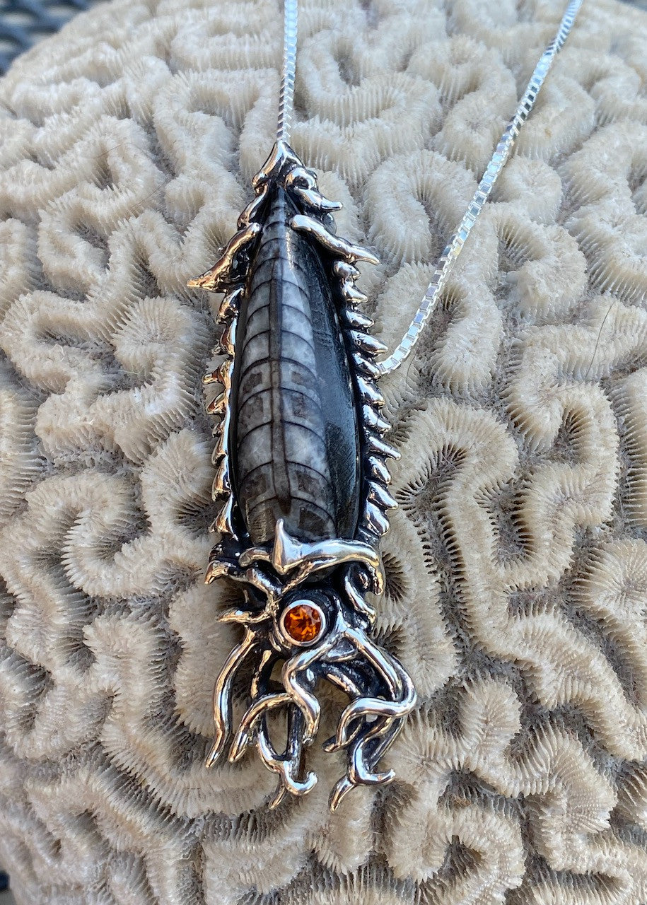 Fossilized Orthoceras Creature Pendant with citrine
