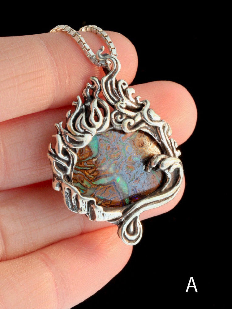 (A) Four Elements Pendant with Koroit Australian Boulder Opal. No gemstone accent.