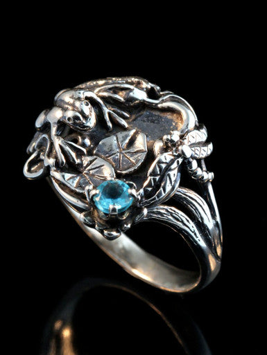 Lily Pond and Frog Ring with Gemstone Ring - Sterling Silver