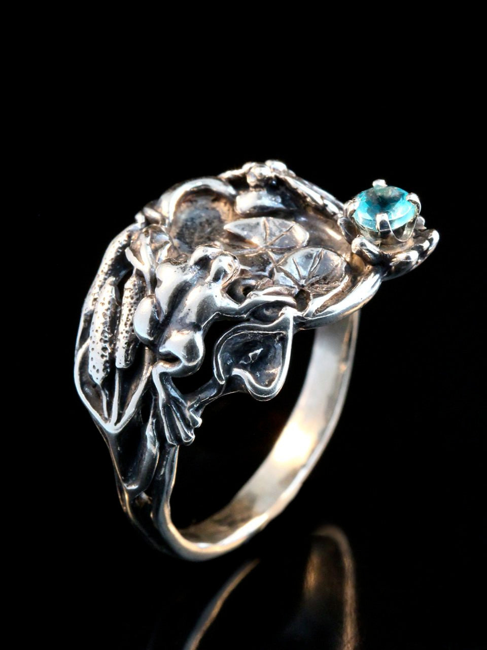 Frog Lily Pond Ring - Silver and Blue Topaz