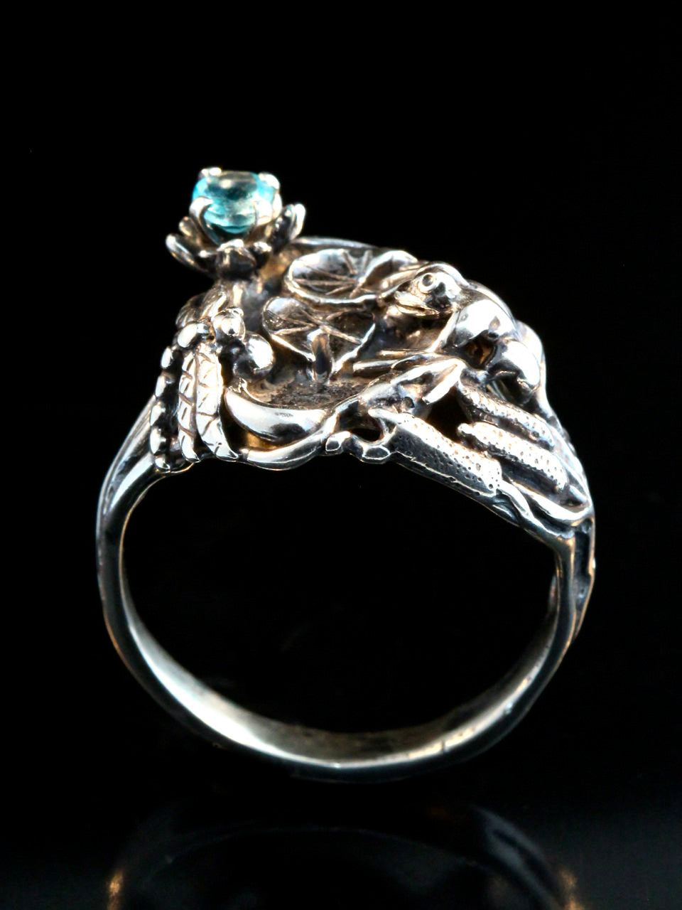 Frog Lily Pond Ring - Silver and Blue Topaz