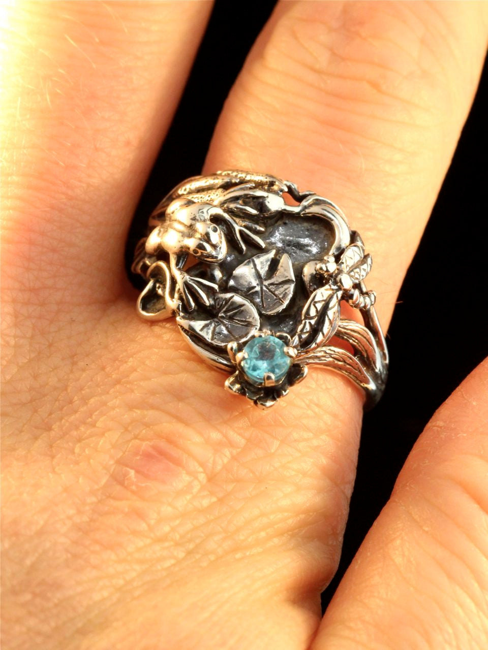 Lily Pond and Frog Ring with Gemstone Ring - Sterling Silver