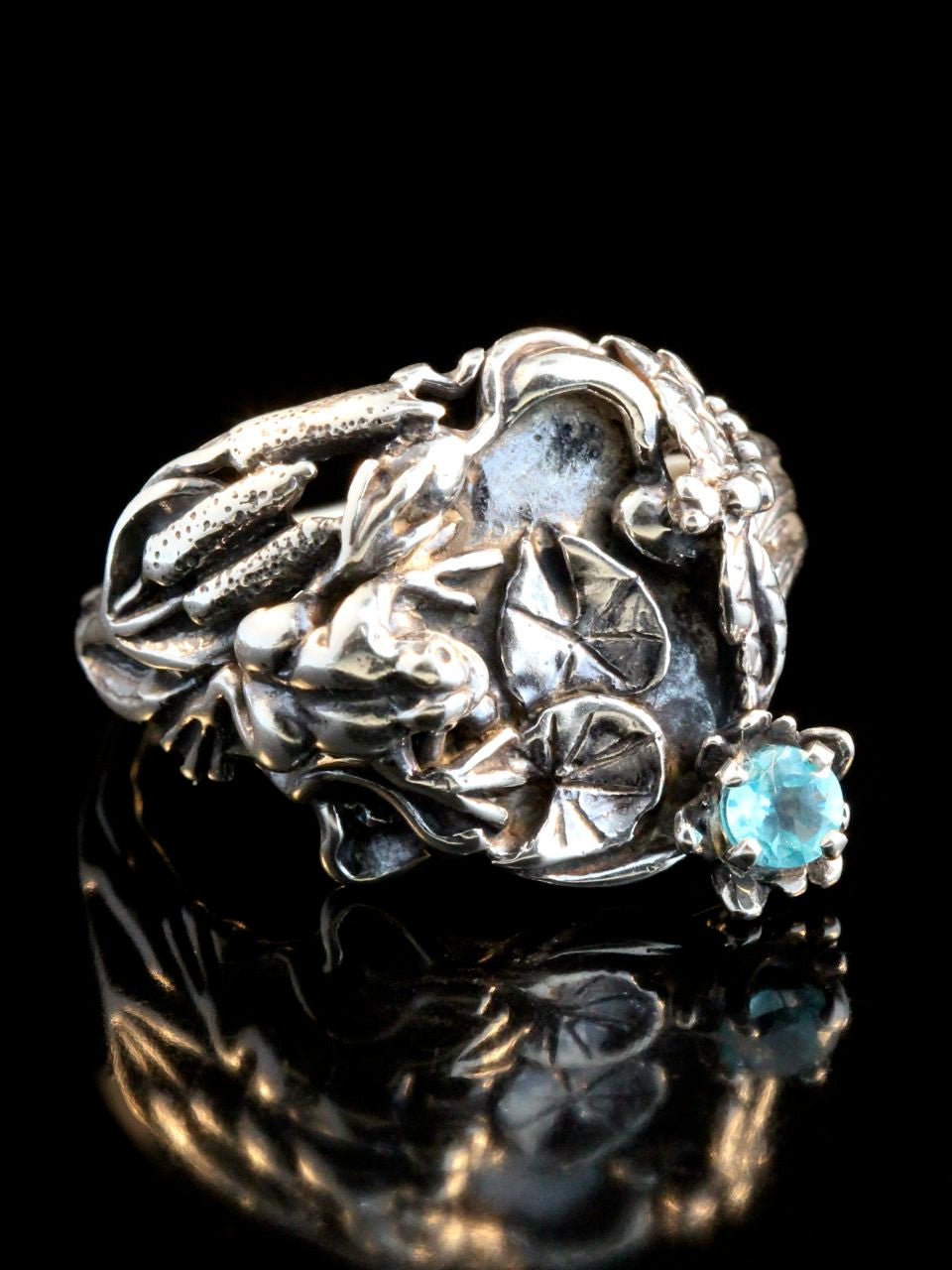 Frog Lily Pond Ring - Silver and Blue Topaz