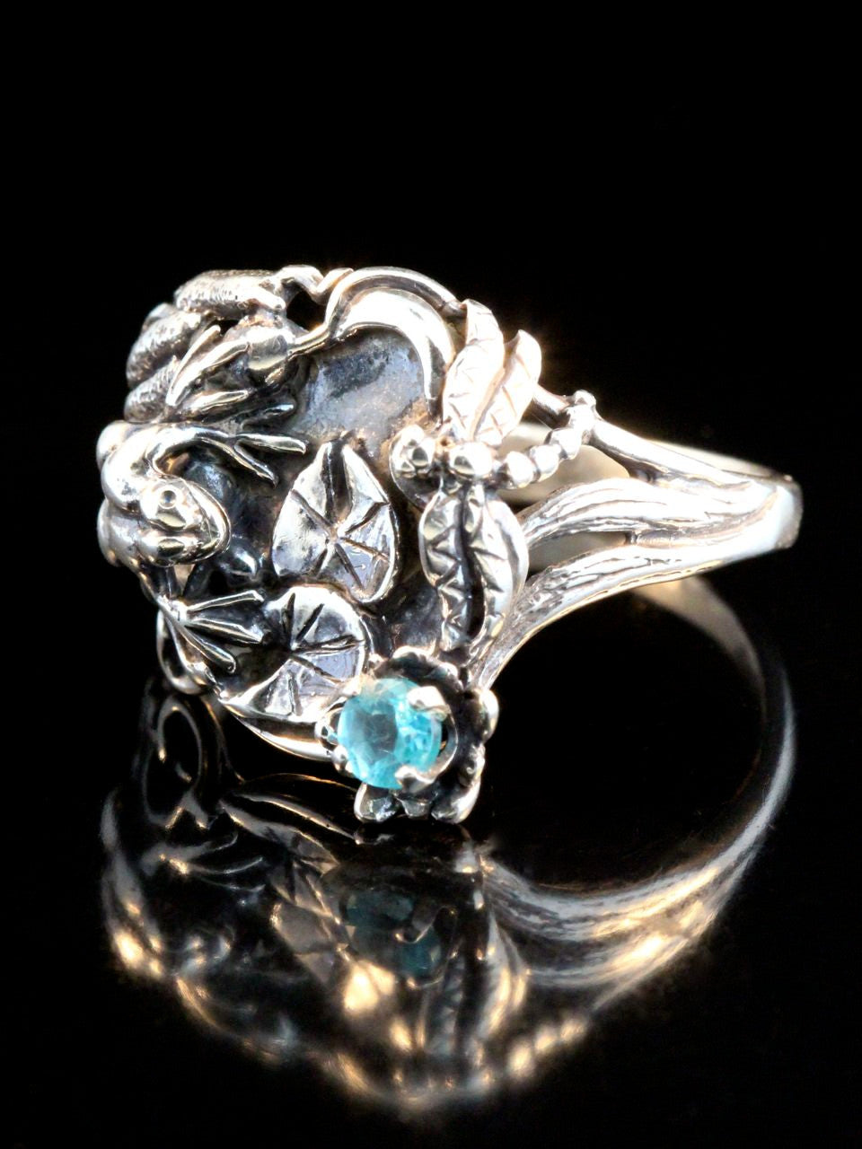 Frog Lily Pond Ring - Silver and Blue Topaz