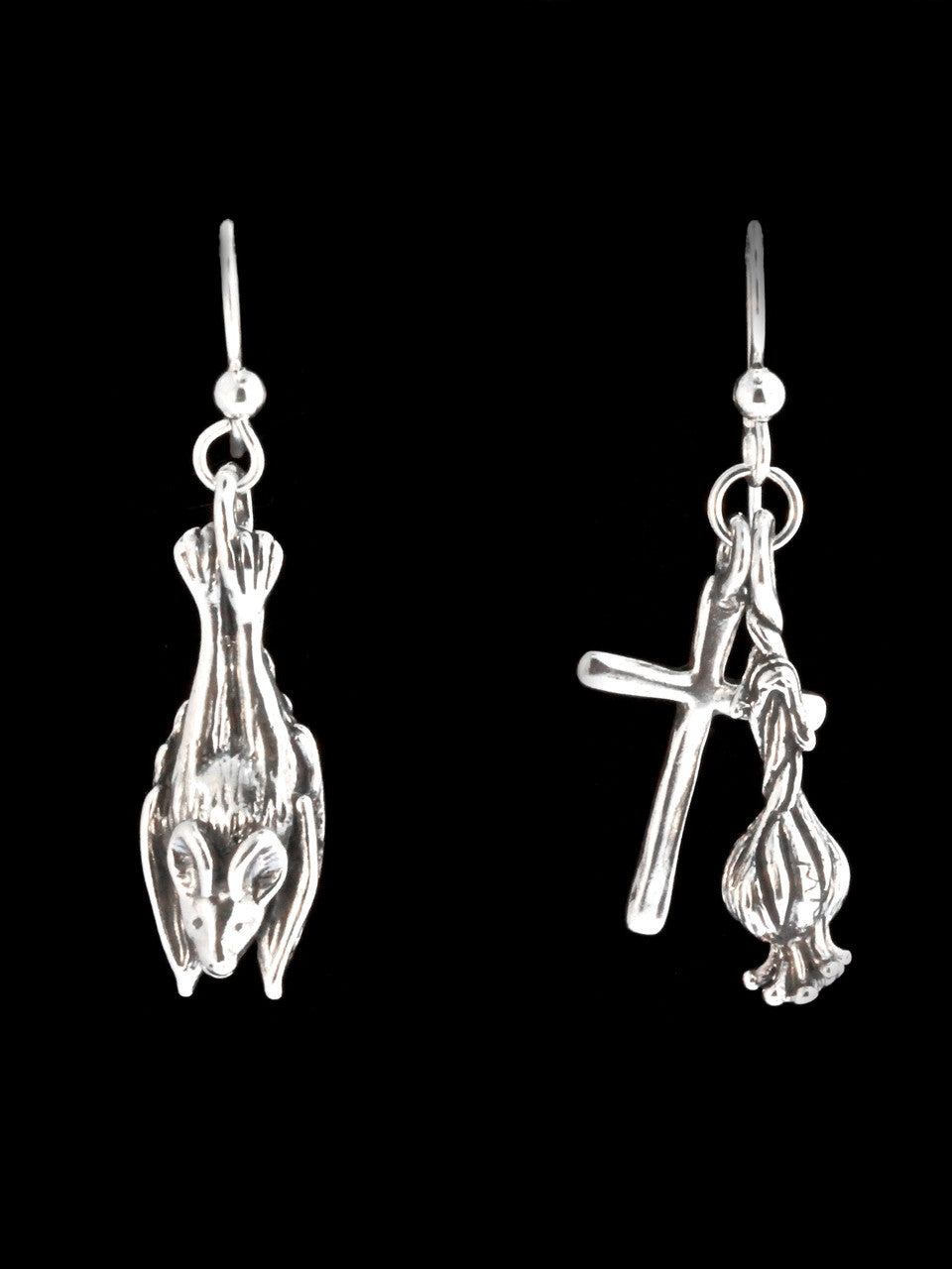 Sleeping Bat Cross and Garlic Earrings - Silver